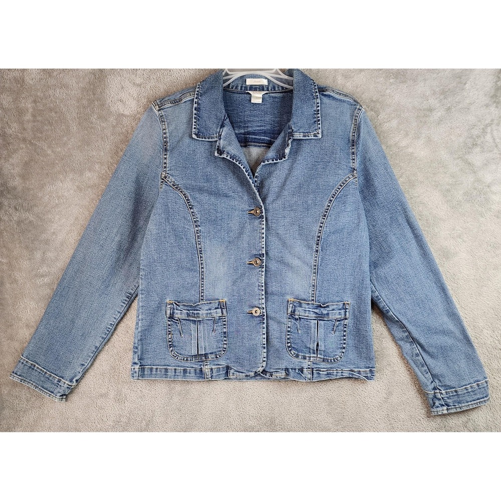 Christopher & Banks Jacket Womens Large Blue‎ Denim Stretch Button Front Pockets